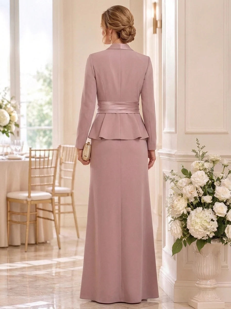 2 Pieces Sheath/Column Scoop Stretch Satin Mother of the Bride Dresses with Jacket Ruffles Long Sleeves Floor-Length