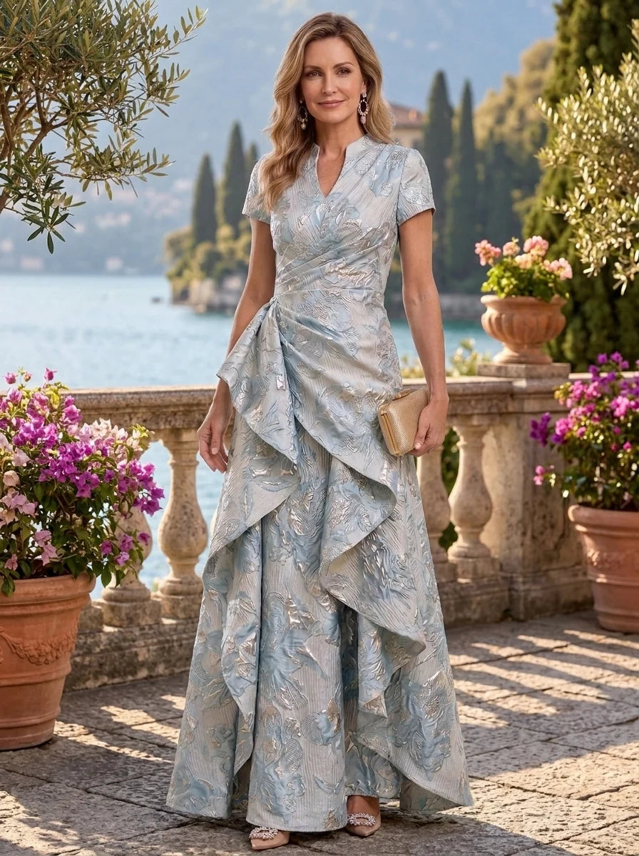 A-Line/Princess V-Neck Jacquard Floral Mother of the Bride Dresses Floor-Length Ruffles Short Sleeves