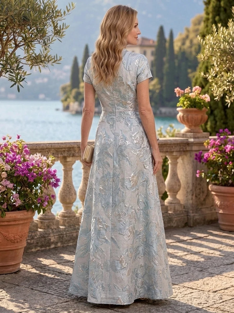 A-Line/Princess V-Neck Jacquard Floral Mother of the Bride Dresses Floor-Length Ruffles Short Sleeves