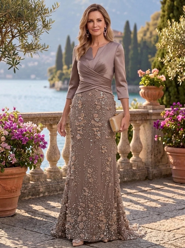 Trumpet/Mermaid V-Neck Satin Mother of the Bride Dresses with 3D Flowers Floor-Length Ruched 3/4 Sleeves