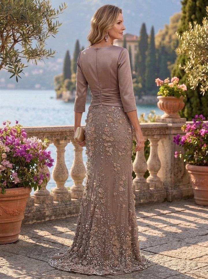 Trumpet/Mermaid V-Neck Satin Mother of the Bride Dresses with 3D Flowers Floor-Length Ruched 3/4 Sleeves