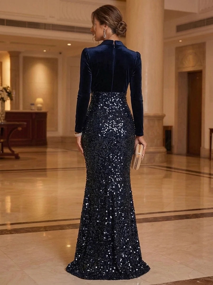 Sheath/Column V-Neck Velvet Mother of the Bride Dresses Sequins Long Sleeves Floor-Length