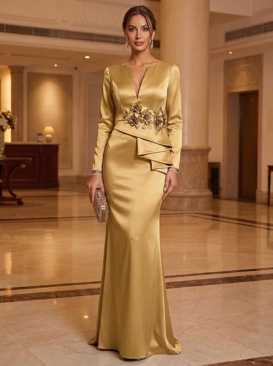 Trumpet/Mermaid V-Neck Satin Mother of the Bride Dresses with 3D Flowers Floor-Length Ruffles Long Sleeves