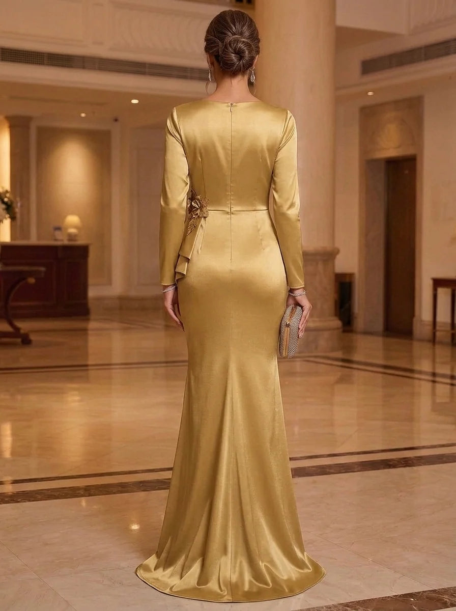 Trumpet/Mermaid V-Neck Satin Mother of the Bride Dresses with 3D Flowers Floor-Length Ruffles Long Sleeves