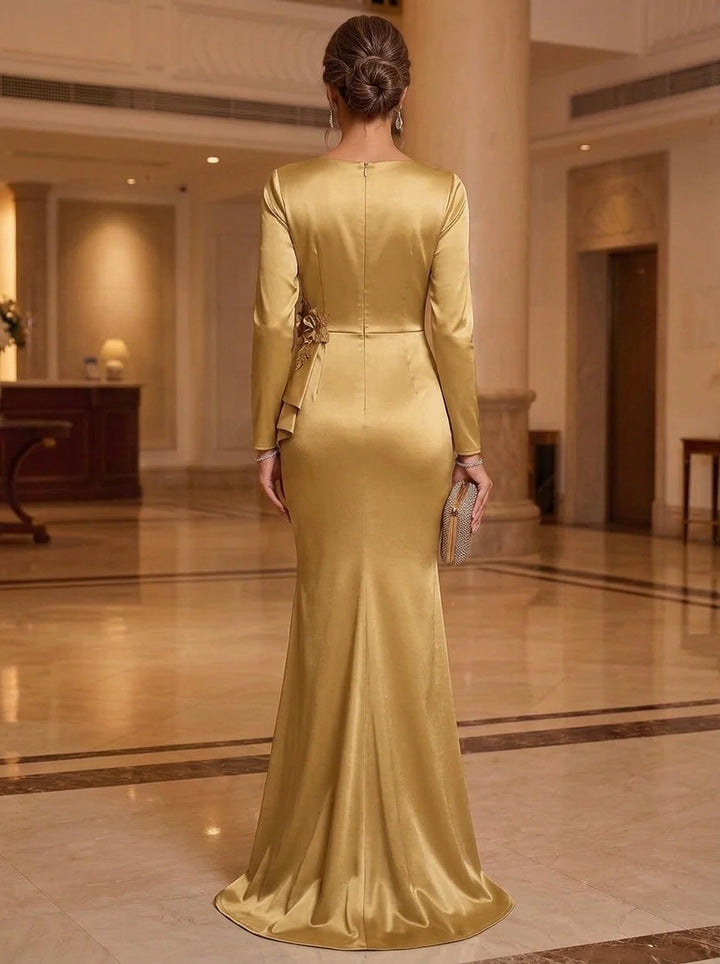 Trumpet/Mermaid V-Neck Satin Mother of the Bride Dresses with 3D Flowers Floor-Length Ruffles Long Sleeves