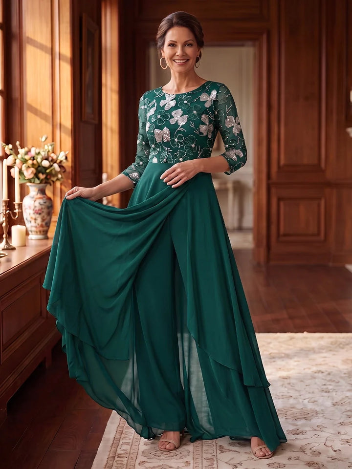 Scoop Chiffon Mother of the Bride Jumpsuit with Overskirt 3/4 Sleeves Floor-Length Floral Sequins