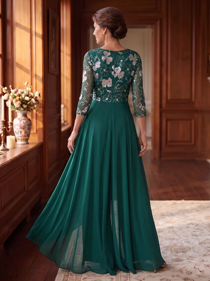 Scoop Chiffon Mother of the Bride Jumpsuit with Overskirt 3/4 Sleeves Floor-Length Floral Sequins