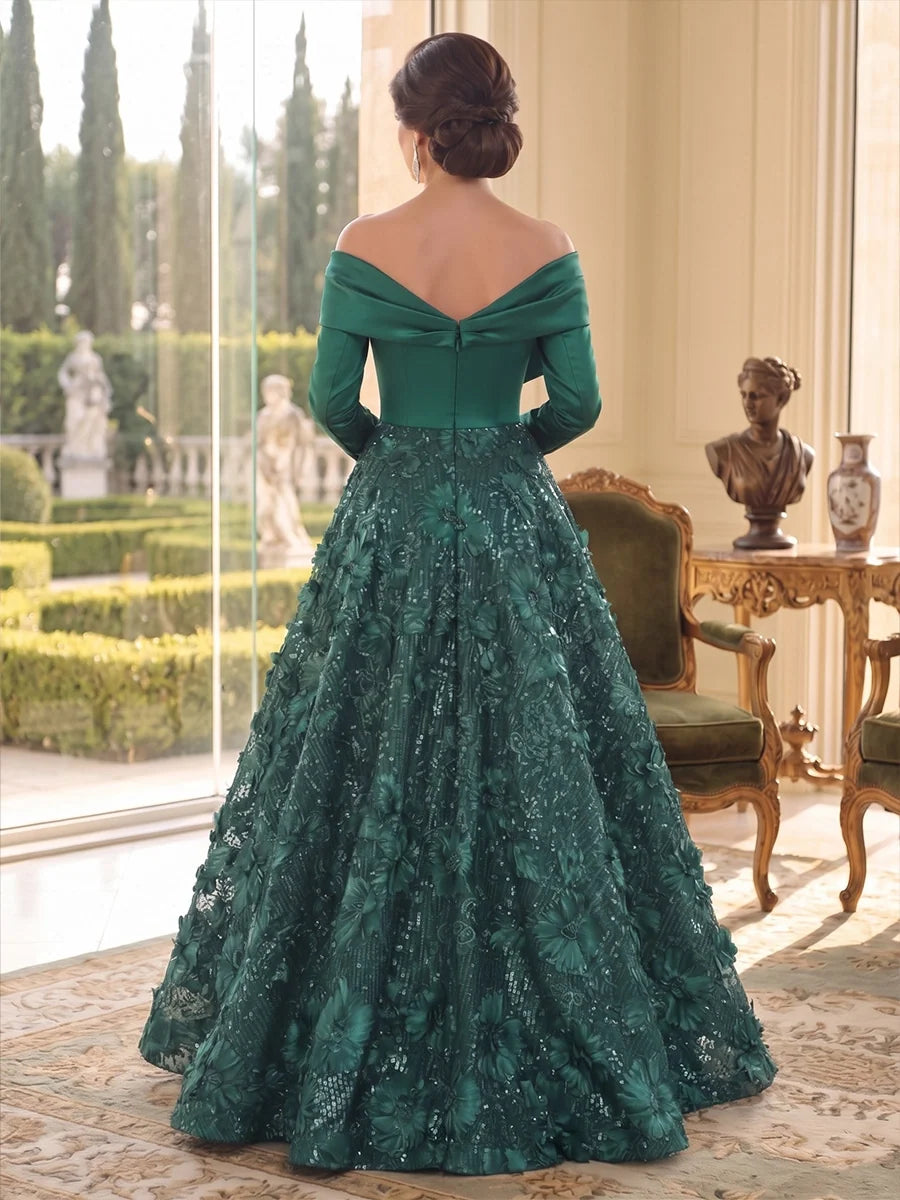 A-Line/Princess Off-the-Shoulder Satin Mother of the Bride Dresses Sequins Floral Floor-Length Long Sleeves