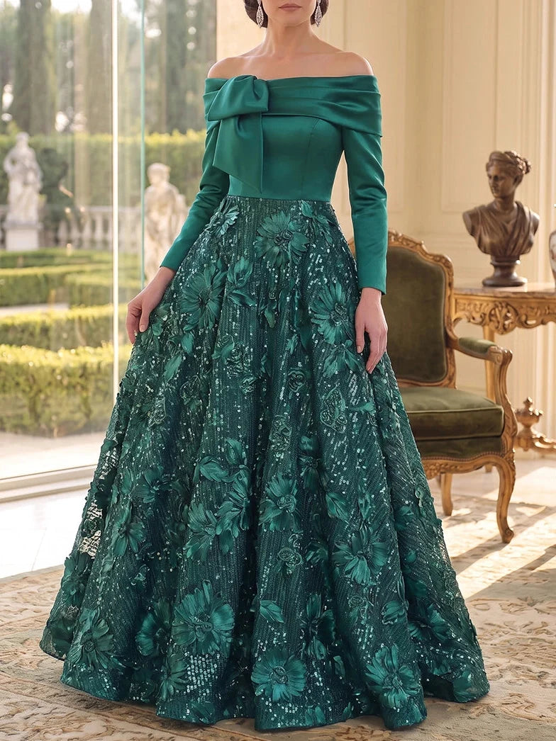 A-Line/Princess Off-the-Shoulder Satin Mother of the Bride Dresses Sequins Floral Floor-Length Long Sleeves