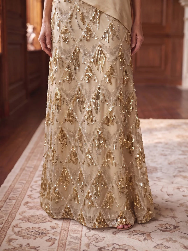 A-Line/Princess V-Neck Satin Mother of the Bride Dresses Floor-Length Sequins Cap Sleeves