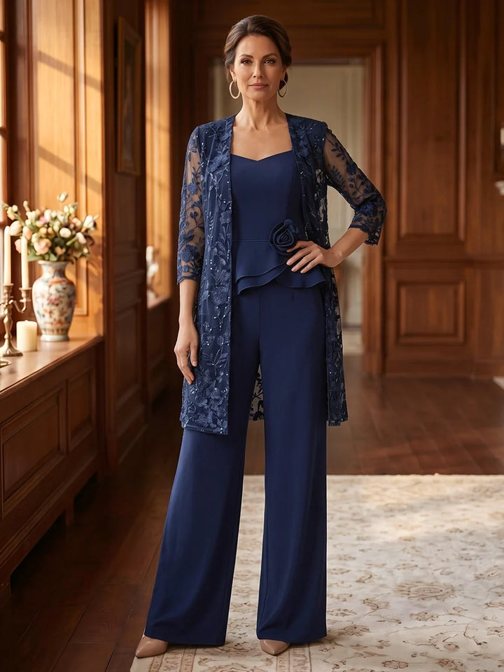 3 Pieces V-Neck Chiffon Mother of the Bride Pantsuits with Jacket 3D Flowers 3/4 Sleeves Floor-Length Floral