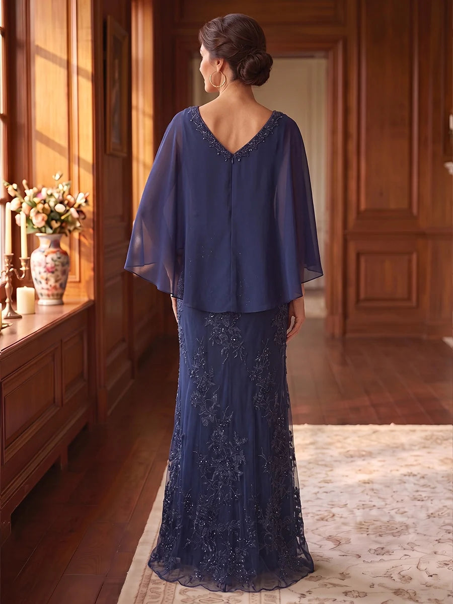 A-Line/Princess V-Neck Chiffon Mother of the Bride Dresses Floor-Length Lace Floral Cap Sleeves
