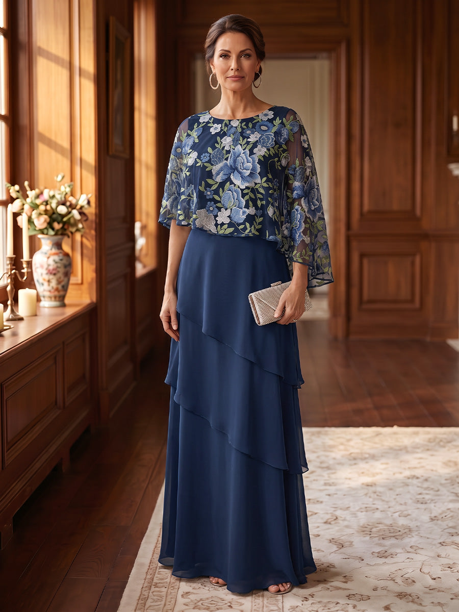 A-Line/Princess Scoop Chiffon Mother of the Bride Dresses Floor-Length Lace Floral Cap Sleeves Ruffles
