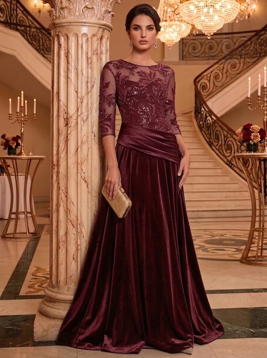 A-Line/Princess Scoop Velvet Mother of the Bride Dresses Floor-Length Floral Sequins 3/4 Sleeves Ruched