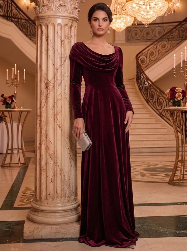 A-Line/Princess Cowl Neck Velvet Mother of the Bride Dresses Pleated Floor-Length Long Sleeves
