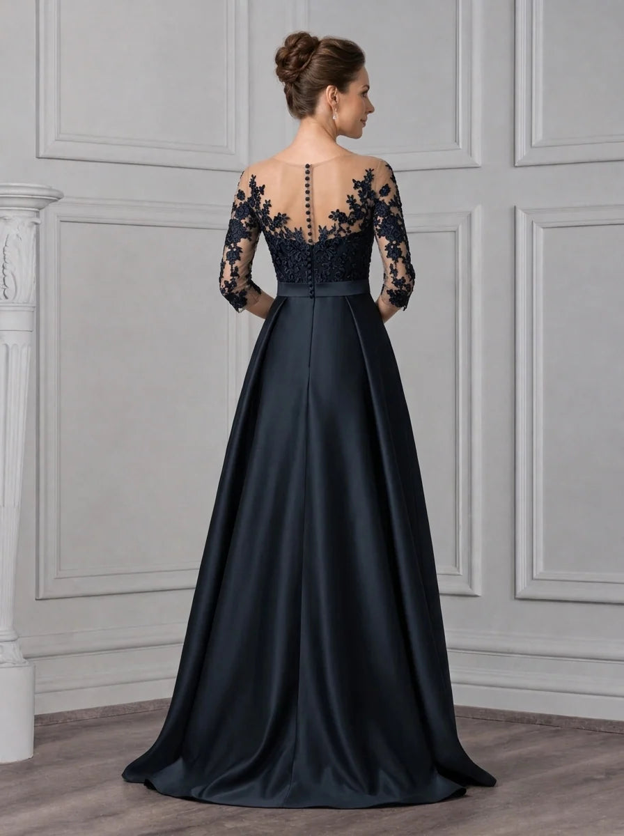 Sheath/Column Scoop Satin Mother of the Bride Dresses with Overskirt Lace Floral Floor-Length 3/4 Sleeves