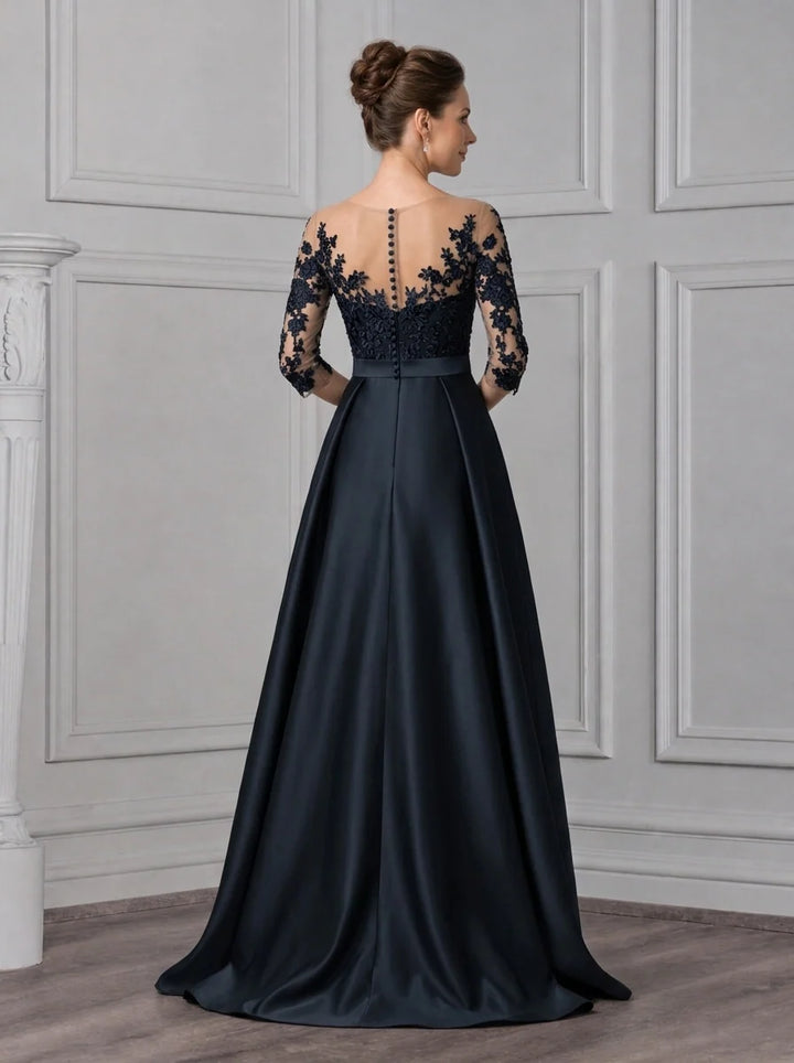 Sheath/Column Scoop Satin Mother of the Bride Dresses with Overskirt Lace Floral Floor-Length 3/4 Sleeves