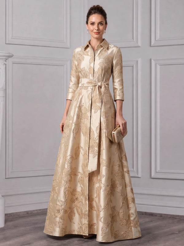 A-Line/Princess Shirt Collar Jacquard Mother of the Bride Dresses Floor-Length Belt 3/4 Sleeves Floral