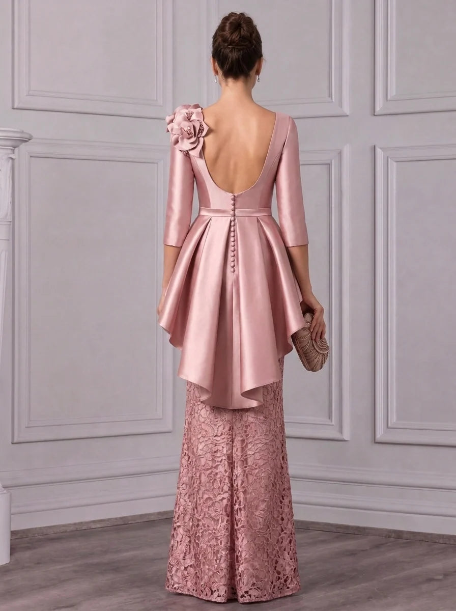 Sheath/Column V-Neck Satin Mother of the Bride Dresses with 3D Flowers Lace Floor-Length 3/4 Sleeves