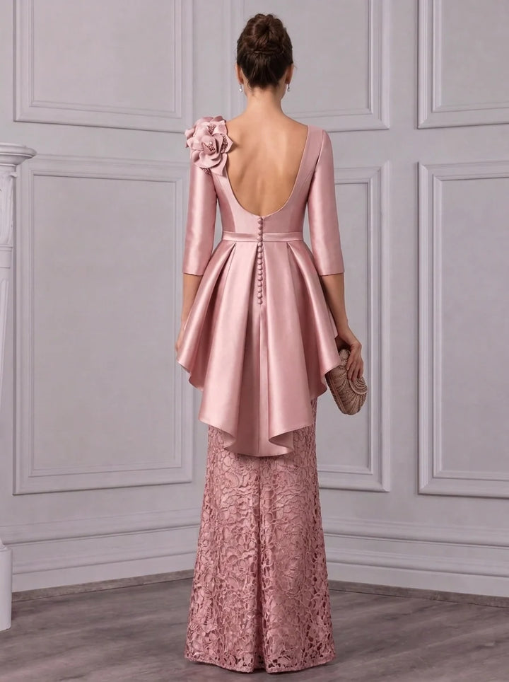 Sheath/Column V-Neck Satin Mother of the Bride Dresses with 3D Flowers Lace Floor-Length 3/4 Sleeves