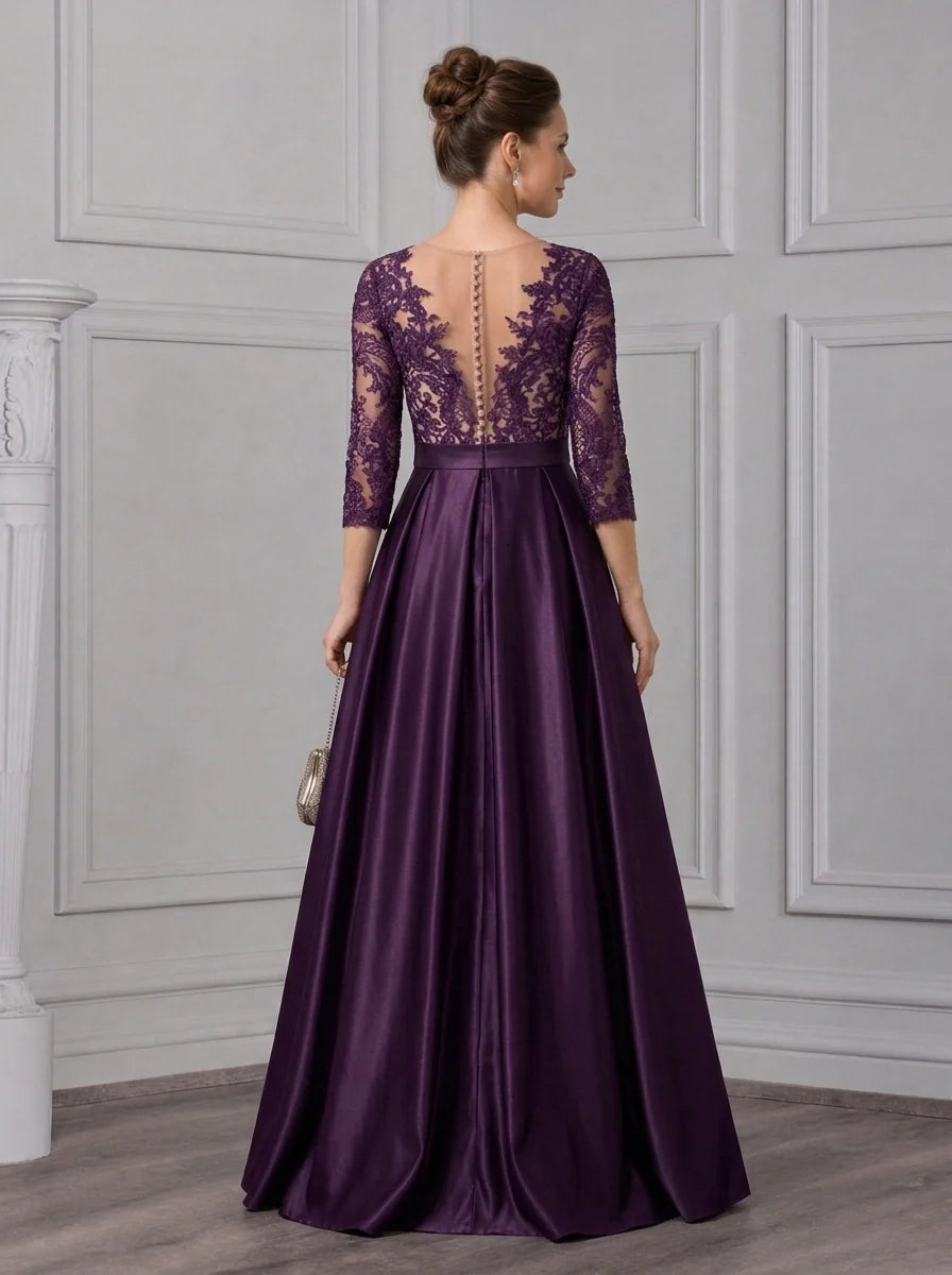 A-Line/Princess Scoop Satin Mother of the Bride Dresses Lace Floral Floor-Length 3/4 Sleeves