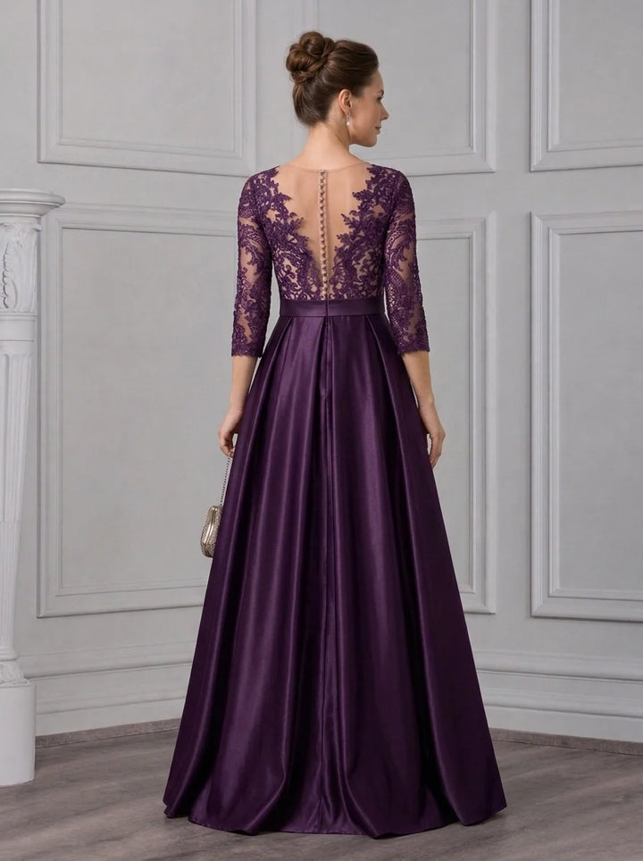 A-Line/Princess Scoop Satin Mother of the Bride Dresses Lace Floral Floor-Length 3/4 Sleeves