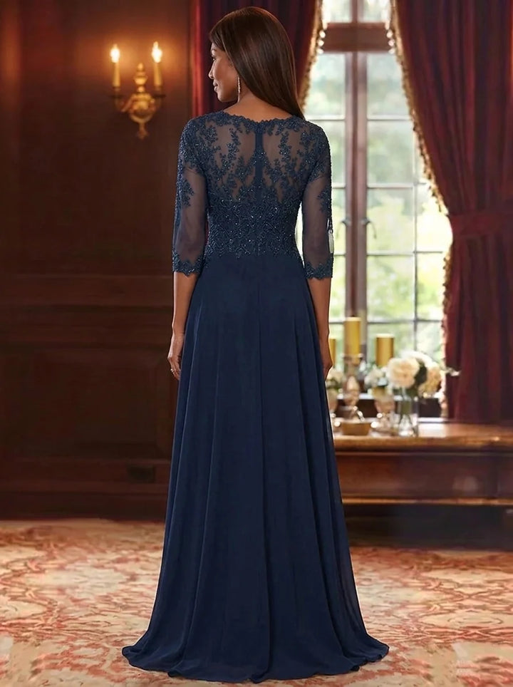 A-Line/Princess V-Neck Chiffon Mother of the Bride Dresses with Overskirt 3/4 Sleeves Lace Floral Floor-Length
