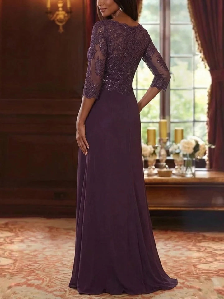 Trumpet/Mermaid Scoop Chiffon Mother of the Bride Dresses 3/4 Sleeves Floor-Length Lace Sequins Floral