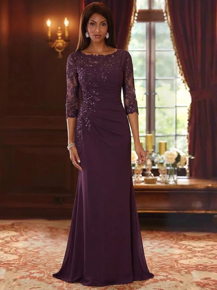 Trumpet/Mermaid Scoop Chiffon Mother of the Bride Dresses 3/4 Sleeves Floor-Length Lace Sequins Floral