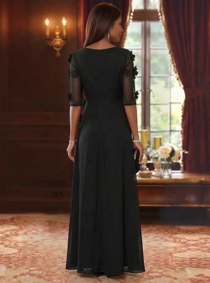 A-Line/Princess V-Neck Chiffon Mother of the Bride Dresses with 3D Flowers Half Sleeves Floor-Length