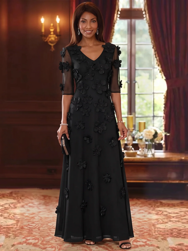 A-Line/Princess V-Neck Chiffon Mother of the Bride Dresses with 3D Flowers Half Sleeves Floor-Length