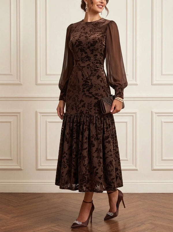 A-Line/Princess Scoop Velvet Burnout Mother of the Bride Dresses Ankle-Length Floral Long Sleeves