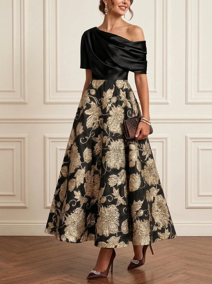 A-Line/Princess One-Shoulder Jacquard Mother of the Bride Dresses Ankle-Length Short Sleeves Floral