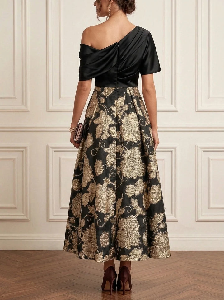 A-Line/Princess One-Shoulder Jacquard Mother of the Bride Dresses Ankle-Length Short Sleeves Floral