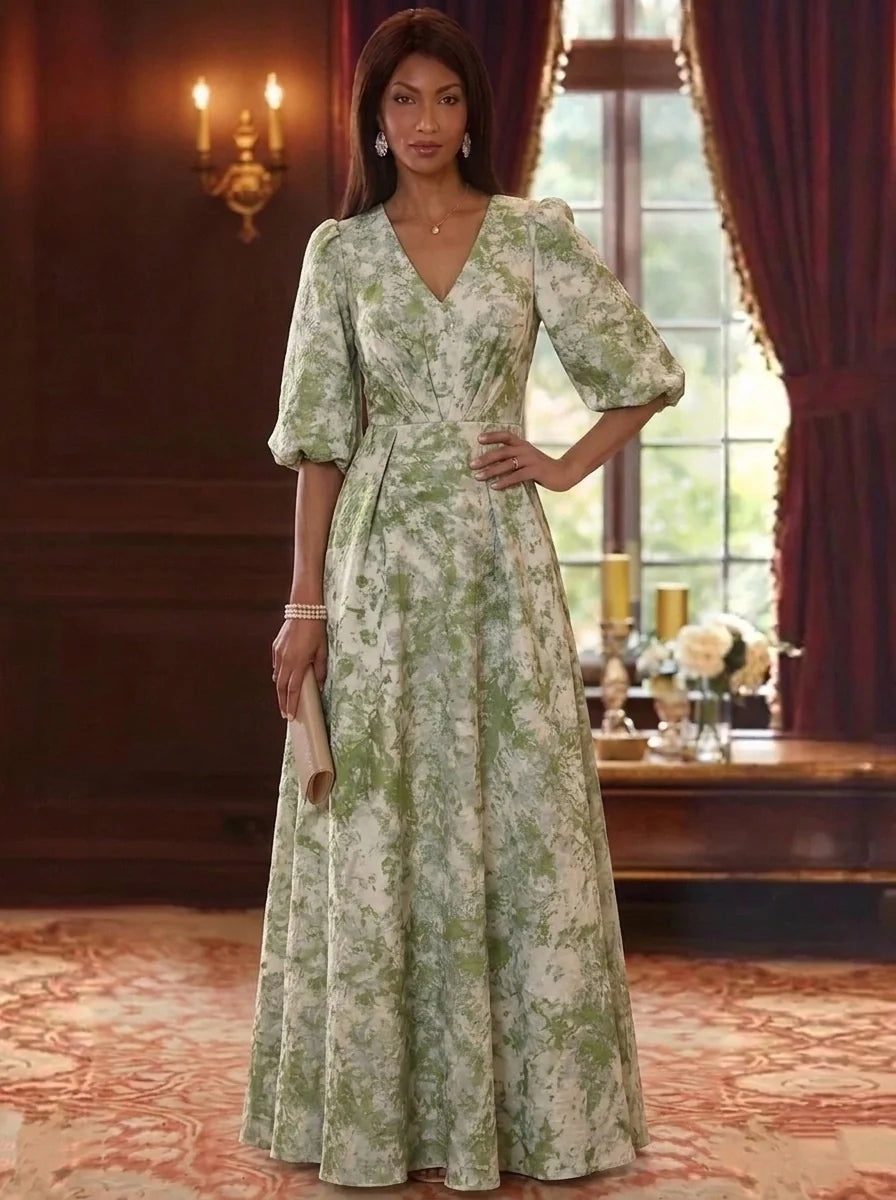 A-Line/Princess V-Neck Jacquard Mother of the Bride Dresses Floor-Length Half Sleeves with Ruched
