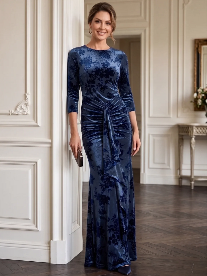 Sheath/Column Scoop Velvet Mother of The Bride Dresses Floral Ruched 3/4 Sleeves Floor-Length