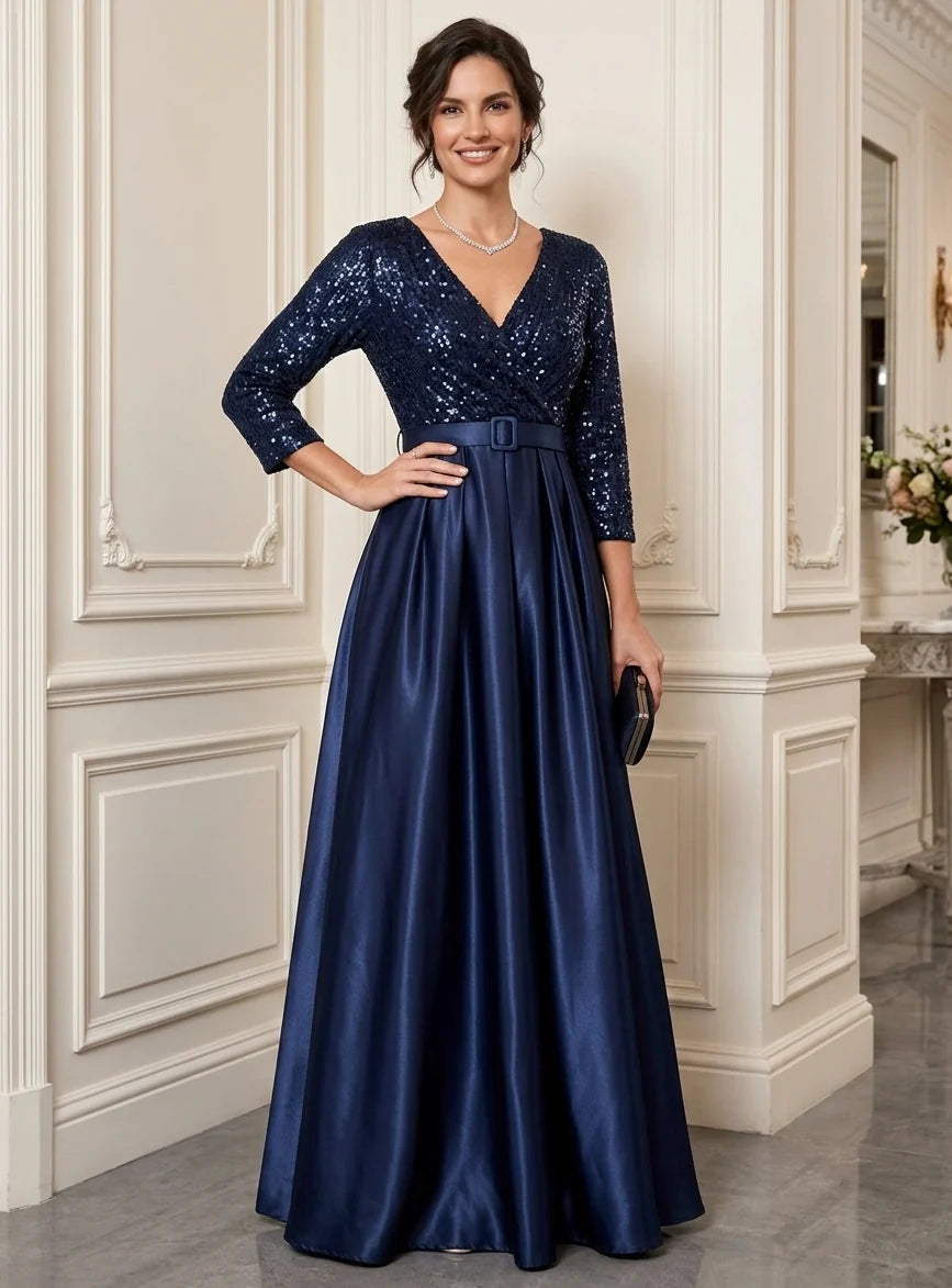 A-Line/Princess V-Neck Satin Mother of the Bride Dresses Sequins Floor-Length 3/4 Sleeves Belt