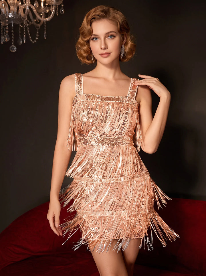1920s Sheath/Column Vintage Tassels Costume Party Dresses Short/Mini Dresses Square Neck