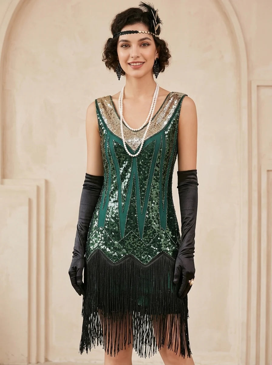 1920s Sheath/Column V-Neck Vintage Tassels Costume Party Dresses Knee-Length Dresses