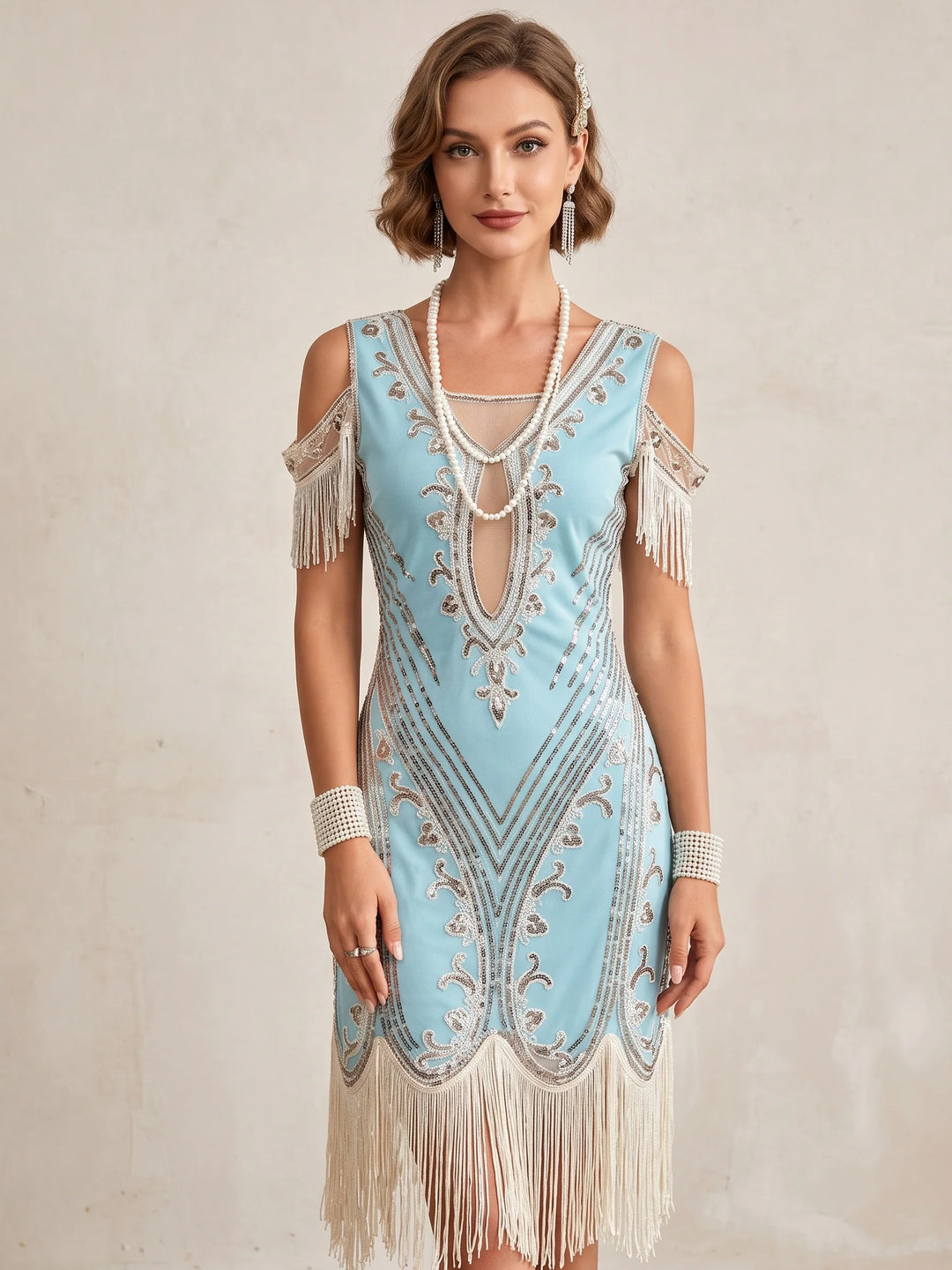 1920s The Great Gatsby Outfit A-Line/Princess Short Sleeves Sequins Tassels Vintage Dresses