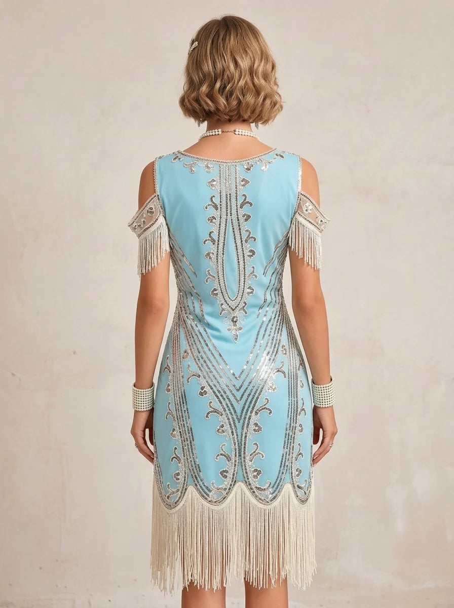 1920s The Great Gatsby Outfit A-Line/Princess Short Sleeves Sequins Tassels Vintage Dresses