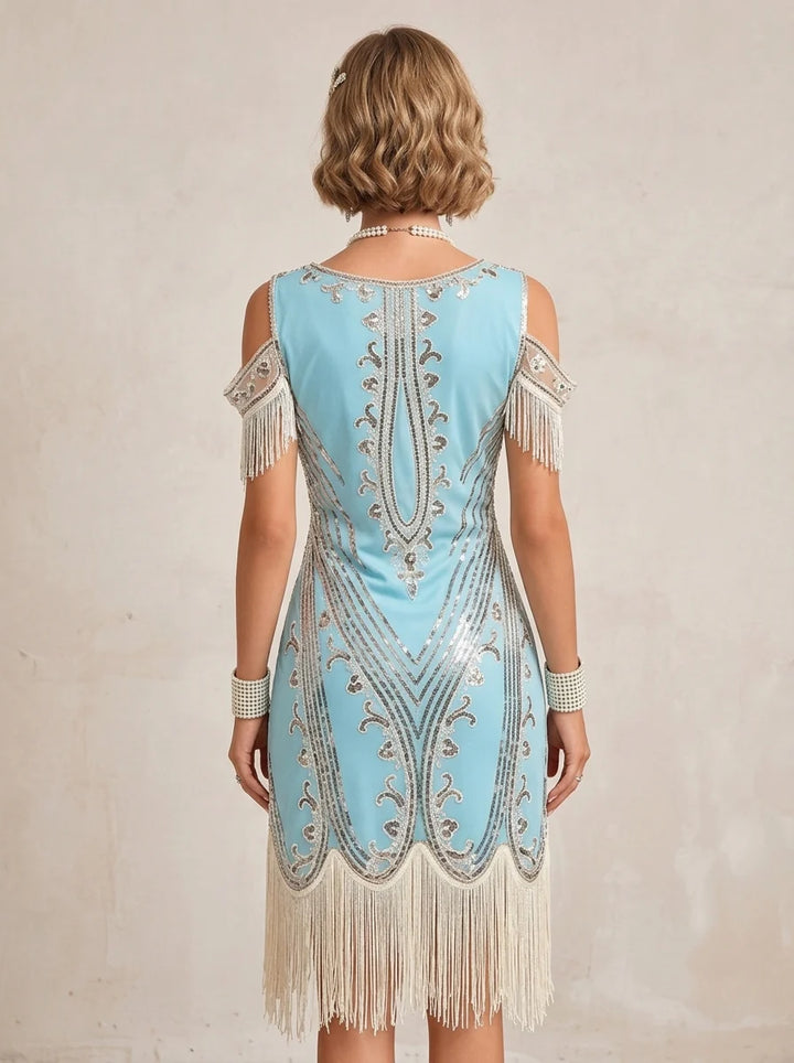 1920s The Great Gatsby Outfit A-Line/Princess Short Sleeves Sequins Tassels Vintage Dresses