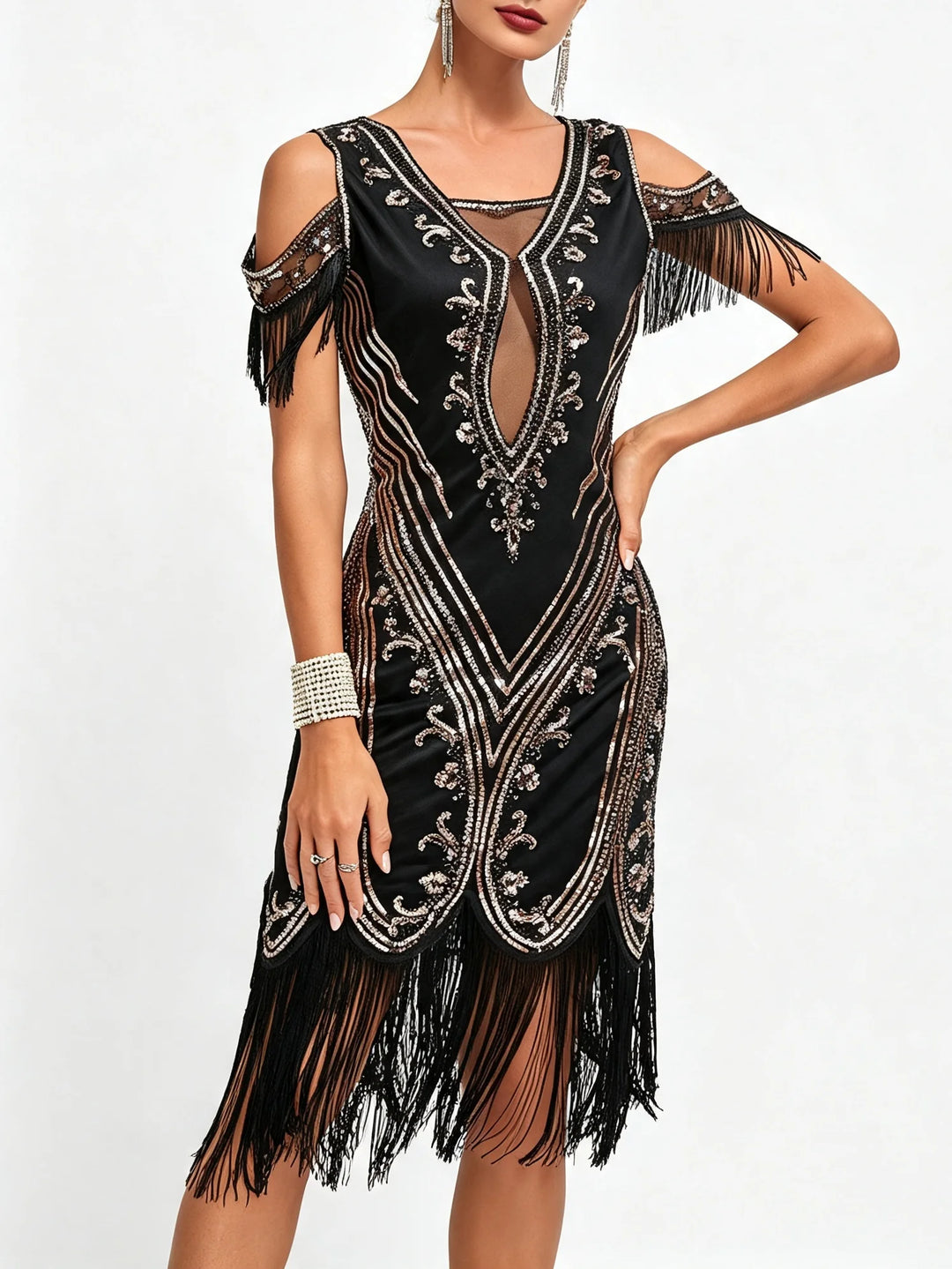 1920s The Great Gatsby Outfit A-Line/Princess Short Sleeves Sequins Tassels Vintage Dresses