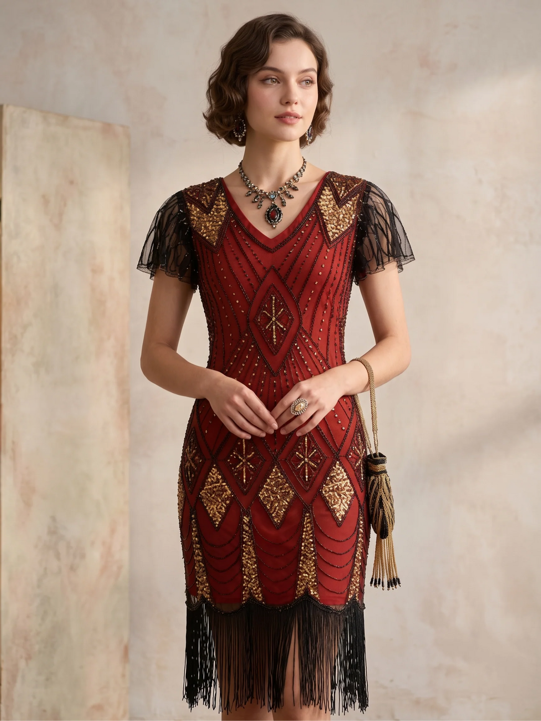 1920s The Great Gatsby Outfit Sheath/Column V-Neck Short Sleeves Sequins Tassels Vintage Dresses