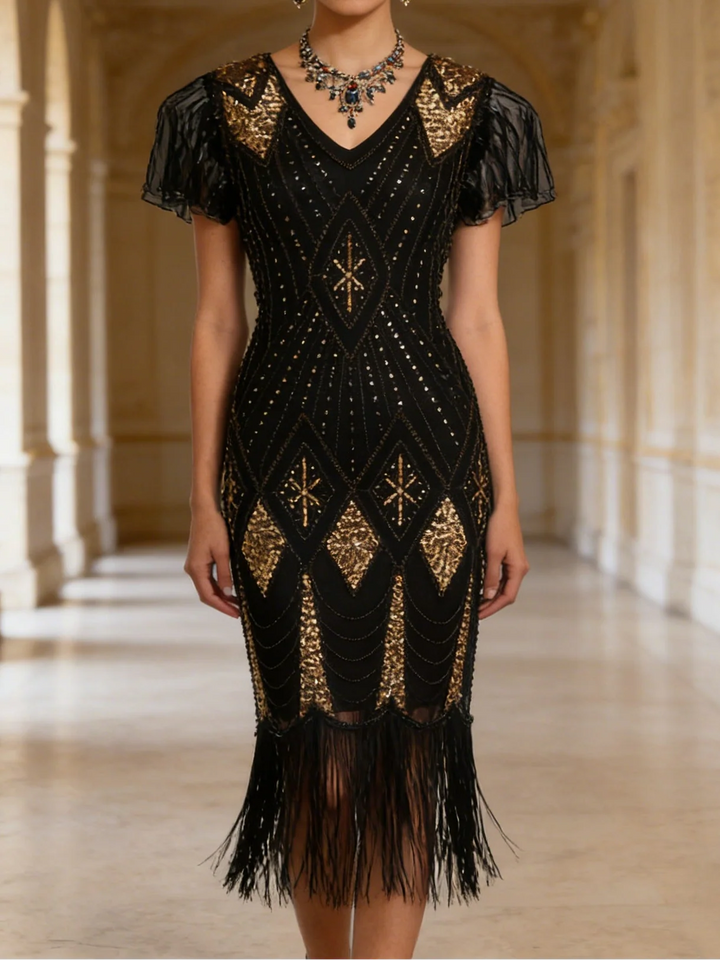 1920s The Great Gatsby Outfit Sheath/Column V-Neck Short Sleeves Sequins Tassels Vintage Dresses