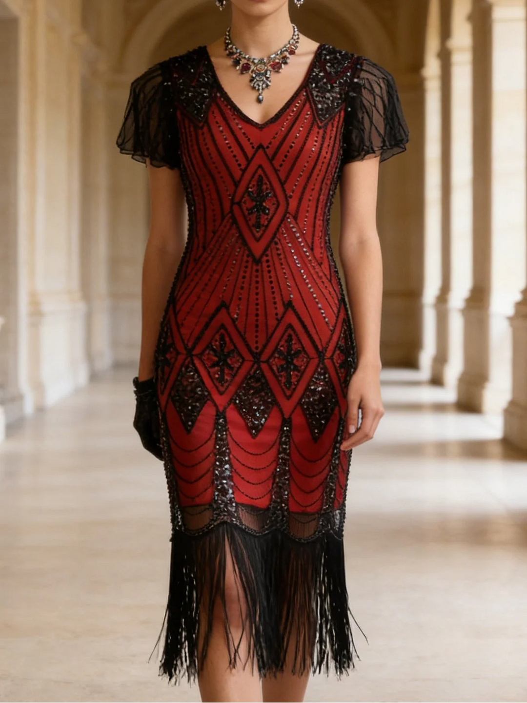 1920s The Great Gatsby Outfit Sheath/Column V-Neck Short Sleeves Sequins Tassels Vintage Dresses