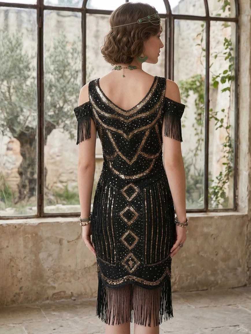1920s The Great Gatsby Outfit Sheath/Column V-Neck Short Sleeves Sequins Tassels Vintage Dresses Tea-Length