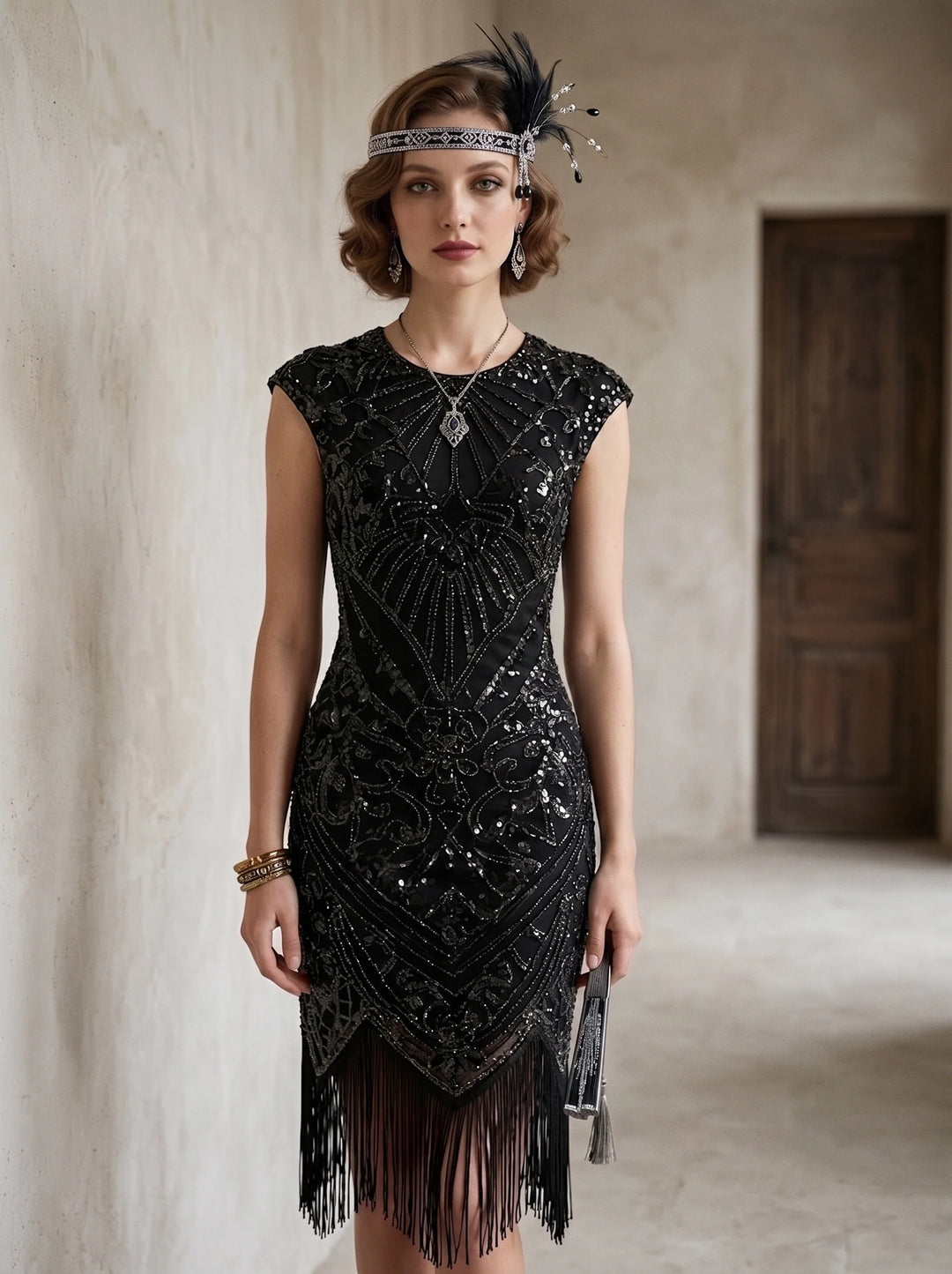 1920s The Great Gatsby Outfit Sheath/Column Scoop Short Sleeves Sequins Tassels Vintage Dresses Tea-Length