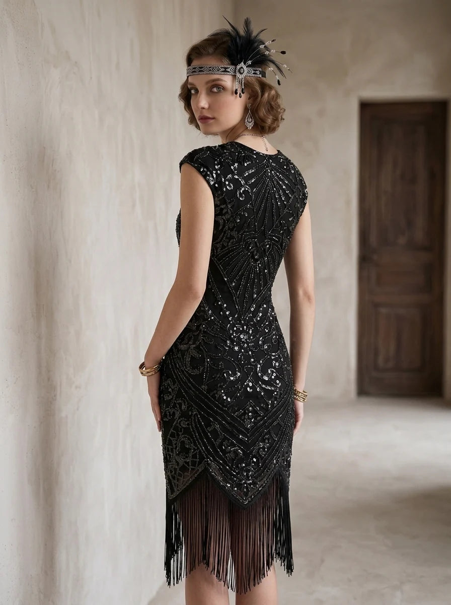 1920s The Great Gatsby Outfit Sheath/Column Scoop Short Sleeves Sequins Tassels Vintage Dresses Tea-Length