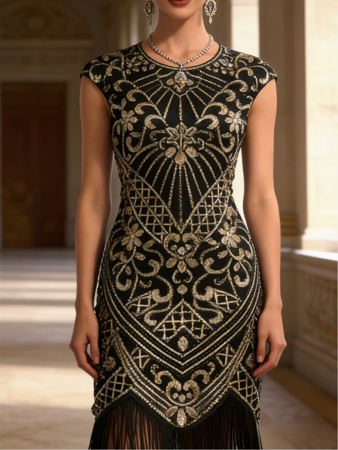 1920s The Great Gatsby Outfit Sheath/Column Scoop Short Sleeves Sequins Tassels Vintage Dresses Tea-Length